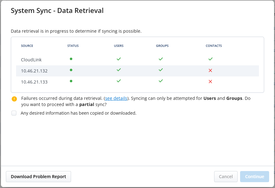 Partial Retrieval: Issues encountered, but partial synchronization is                             possible
