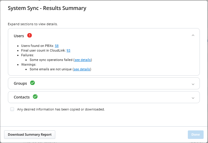 System Sync - Results Summary, indicating that users sync completed with failures, while groups and contacts sync completed successfully. The Users section has been expanded.