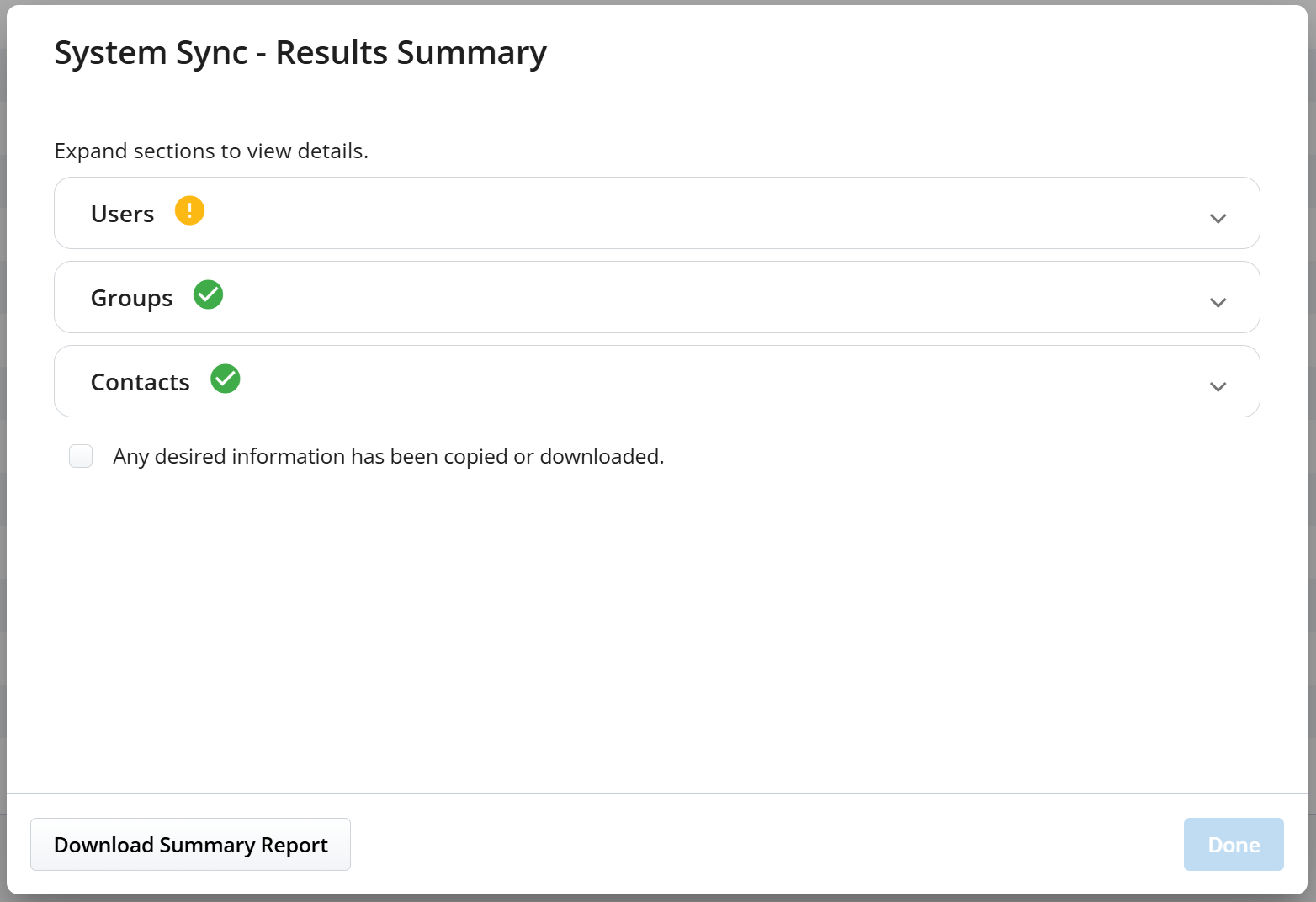 System Sync - Results Summary, indicating that users sync completed with warnings, while groups and contacts sync completed successfully