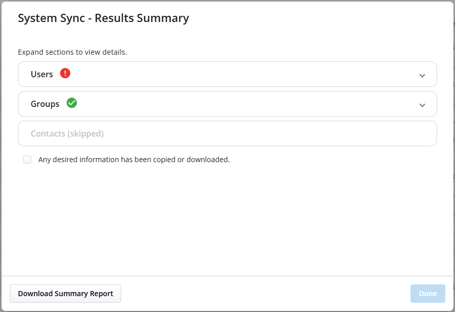 System Sync - Results Summary, indicating that users sync completed with failures, groups sync completed successfully, and contacts sync was skipped