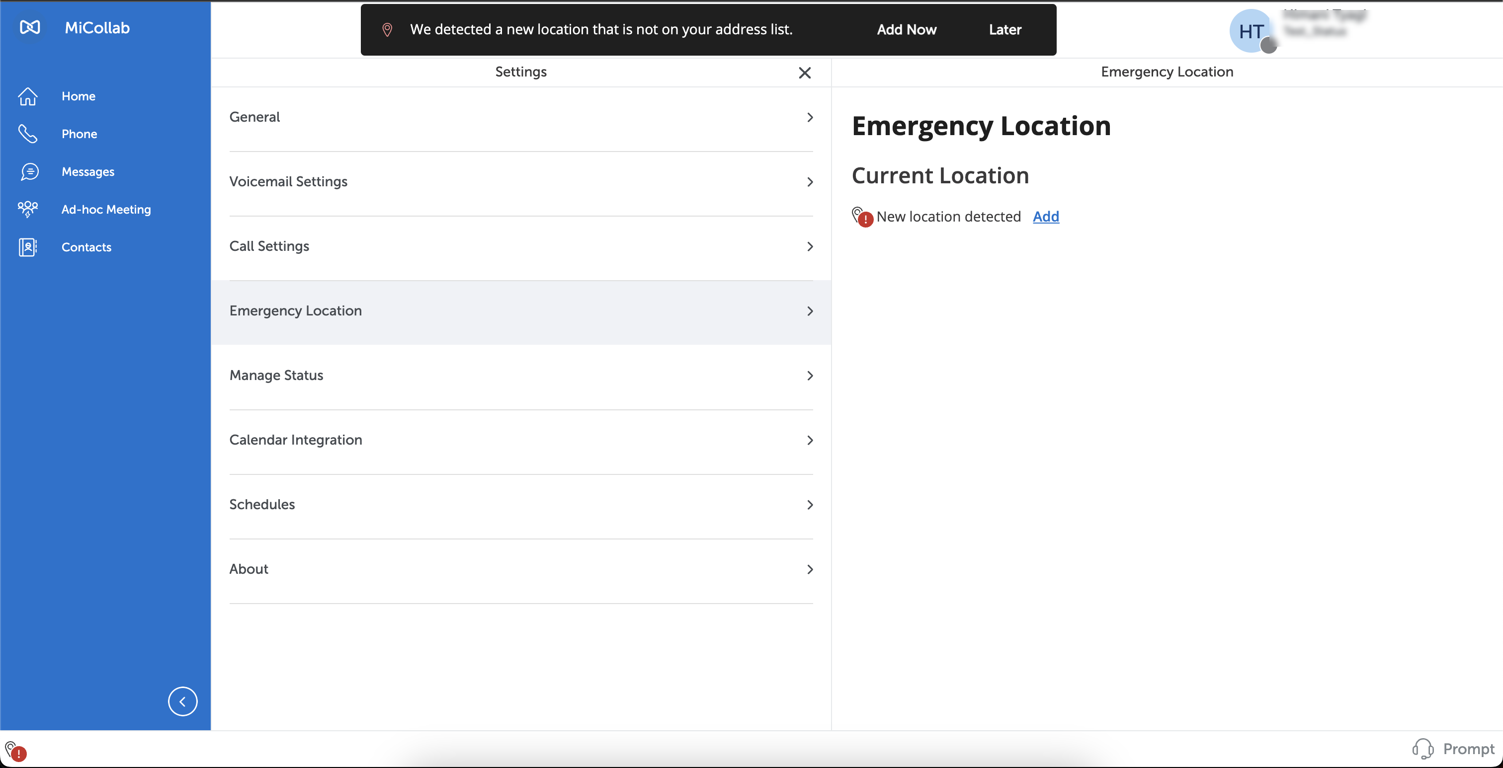 Screenshot of MiCollab Client with Emergency Location page