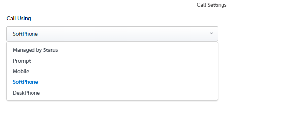 Screenshot of Call Settings, highlighting the options under Call Using drop-down