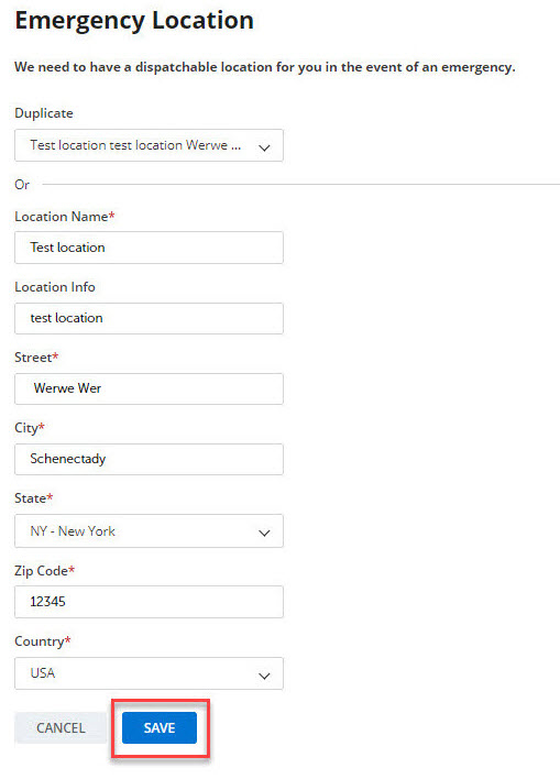Screenshot of Emergency Location page prompting users to enter the required information