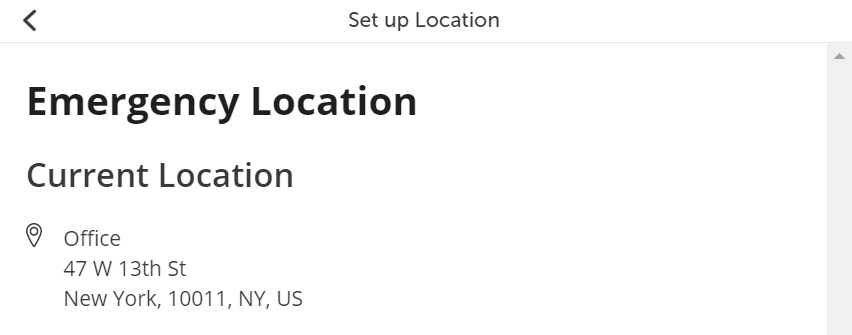 Screenshot of Emergency Location page displaying the location details saved