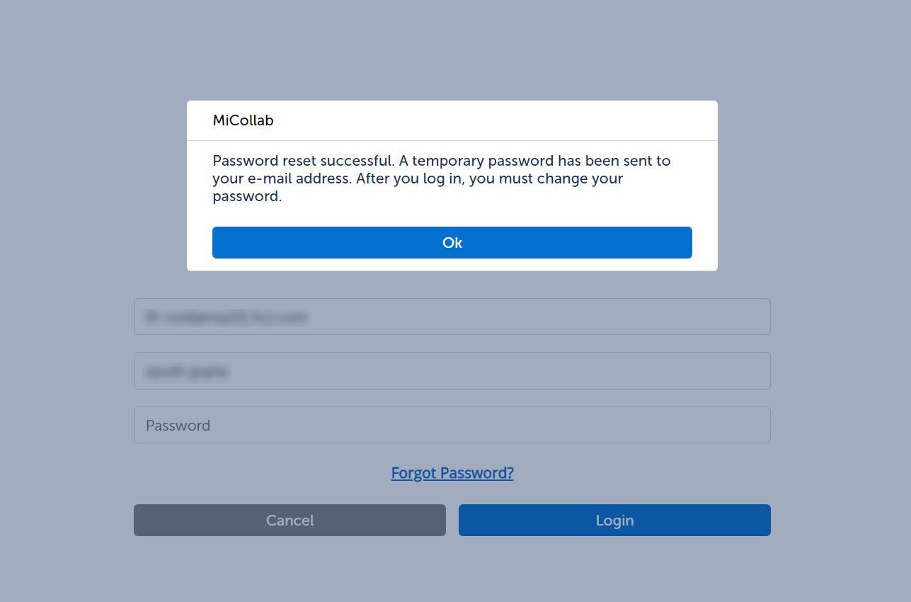 Screenshot of pop-up screen notification on Password reset successful