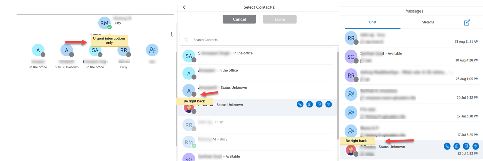 Screenshot of MiCollab Client when MS Teams presence synchronized with MiCollab's dynamic status