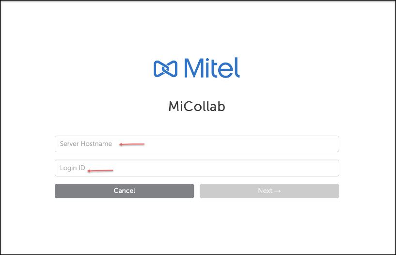 Screenshot of the MiCollab Client Manual login screen prompting users to enter their Server Hostname and Login ID