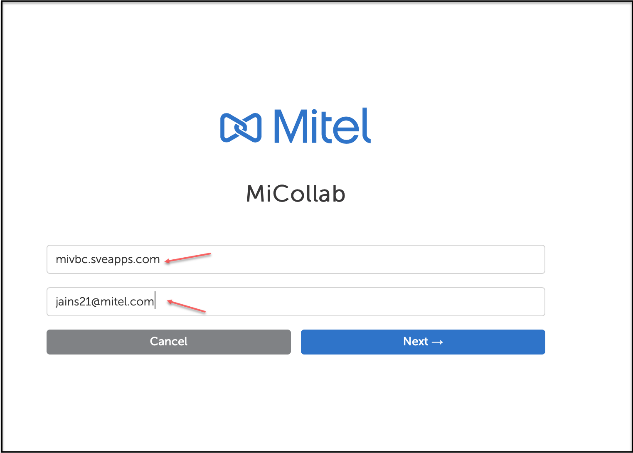 Screenshot of the MiCollab Client Manual login screen with sample Server Hostname and Login ID
