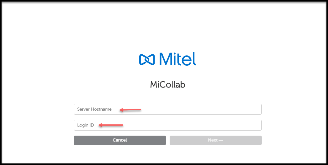 Screenshot of the MiCollab Client Manual login screen prompting users to enter their Server Hostname and Login ID