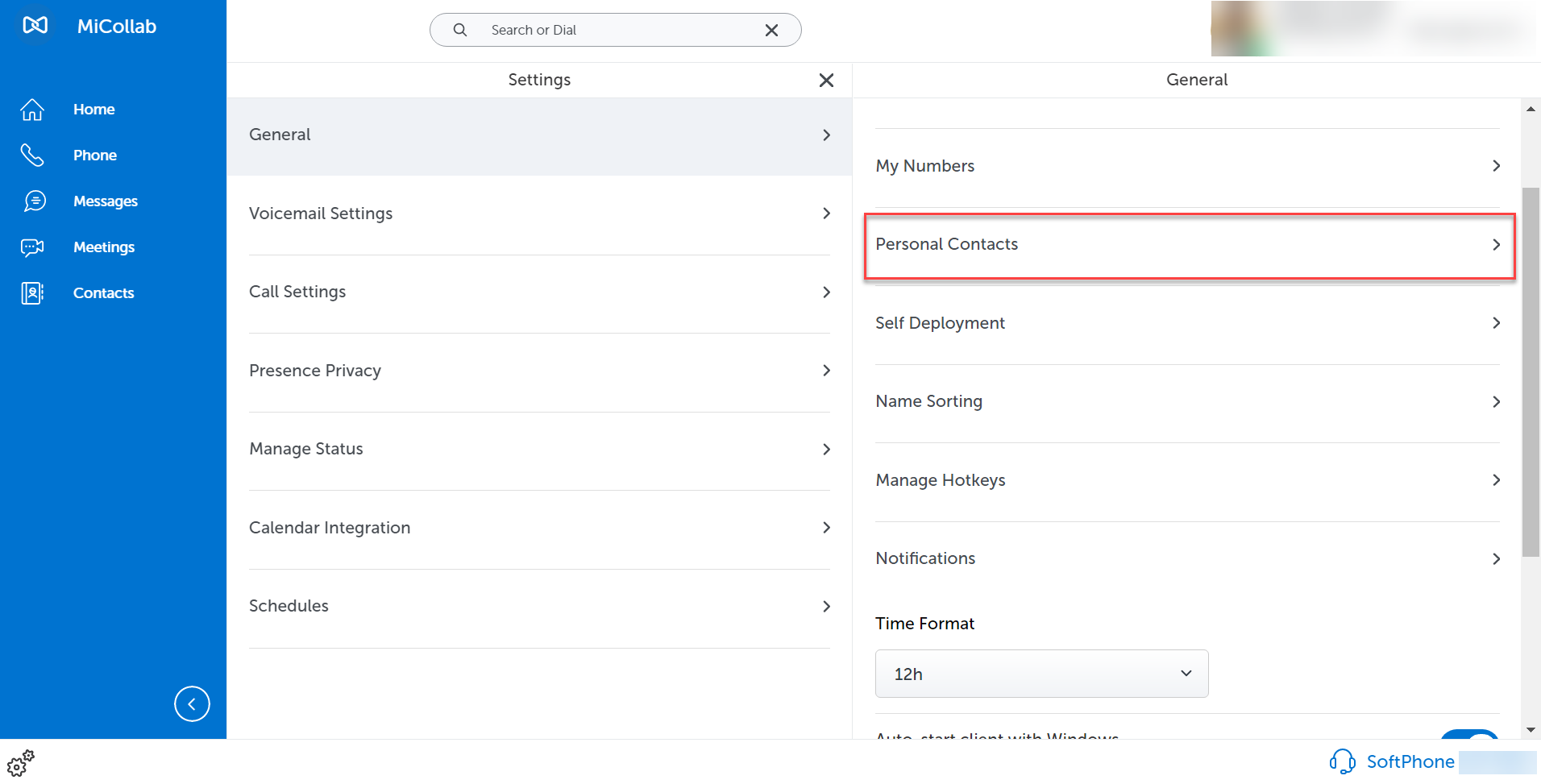Screenshot of the MiCollab Client Settings General screen, highlighting Personal Contacts