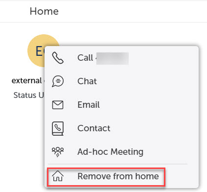 Screenshot of Home screen on one of the external contacts allowing users to select Remove from home