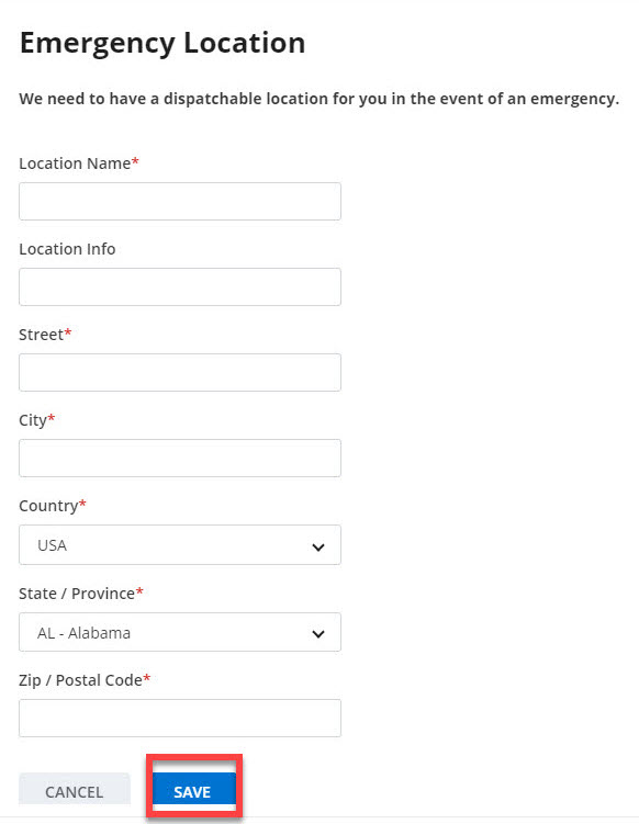 Screenshot of Emergency Location page prompting users to enter the required information