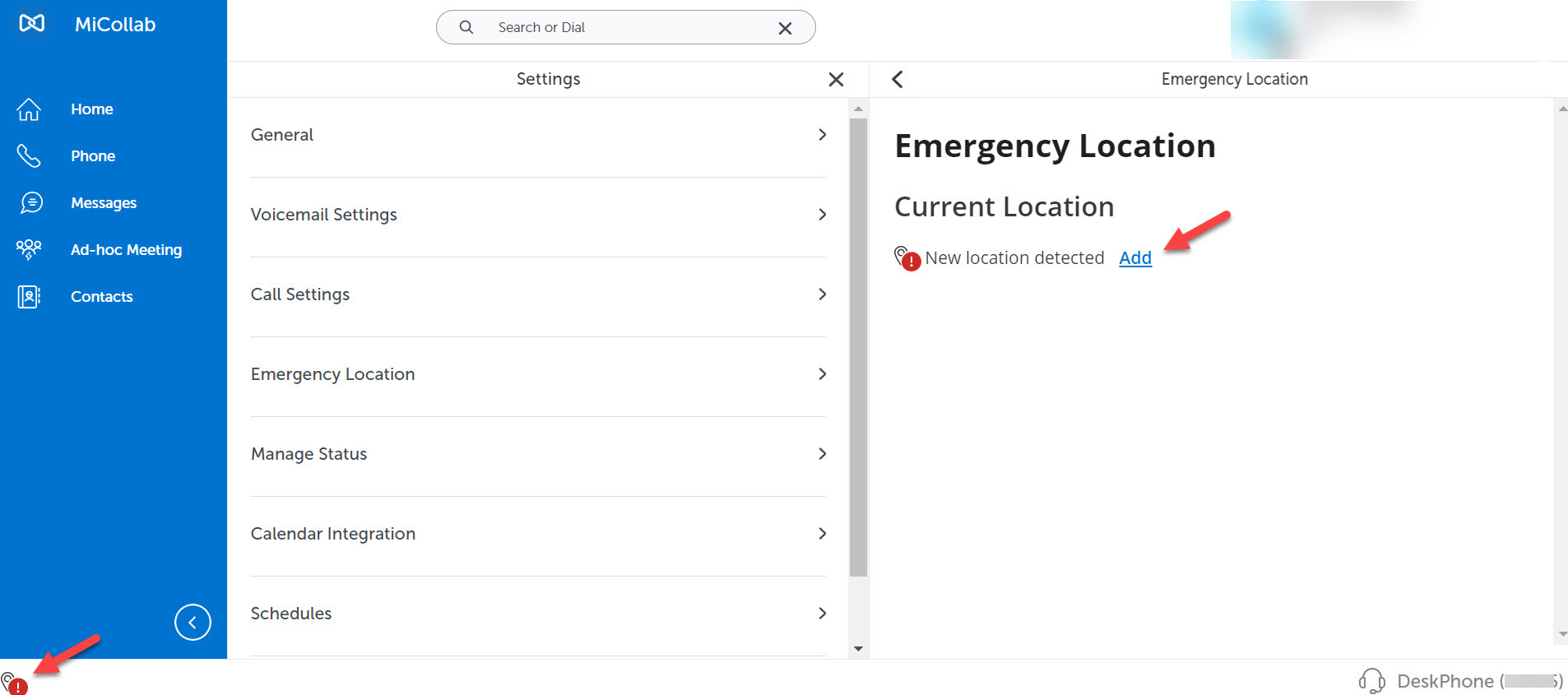 Screenshot of Emergency location menu