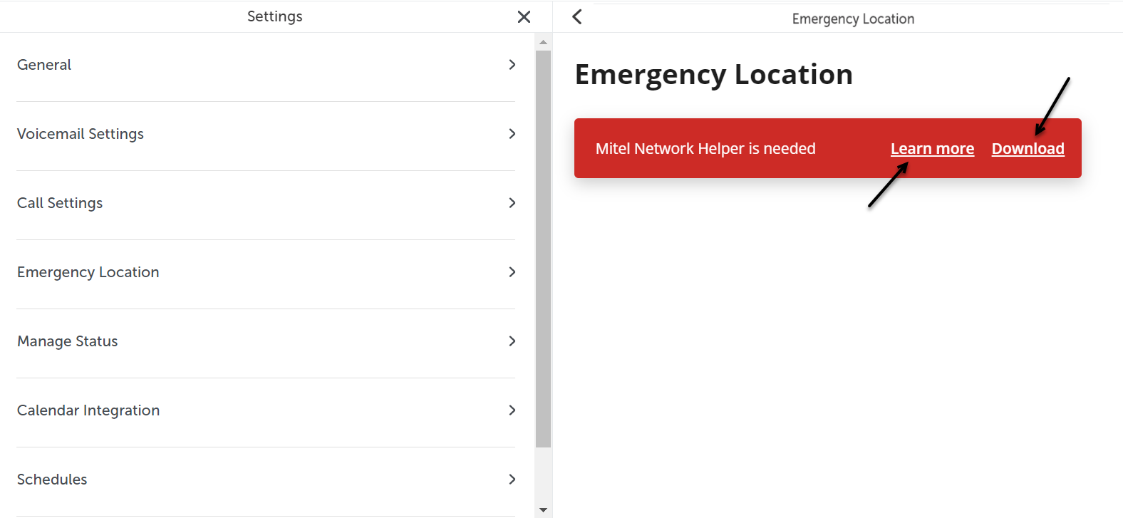 Screenshot of Emergency location menu, highlighting Learn more and Download options