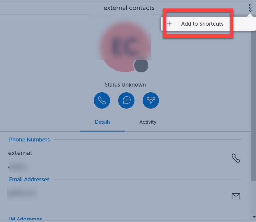 Screenshot of external contacts allowing users to click on Add to Shortcuts