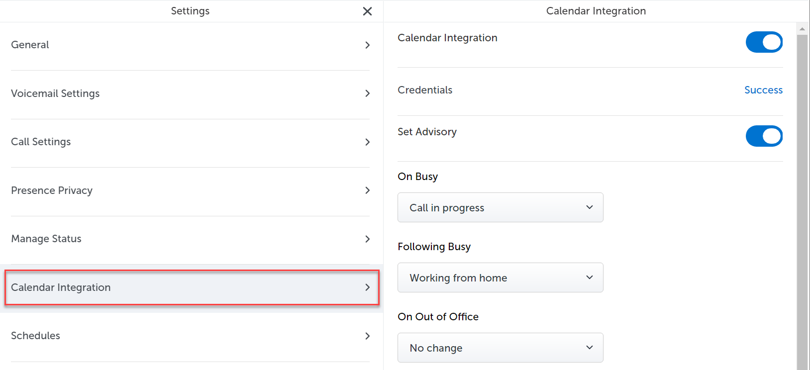 Screenshot of Calendar integration page