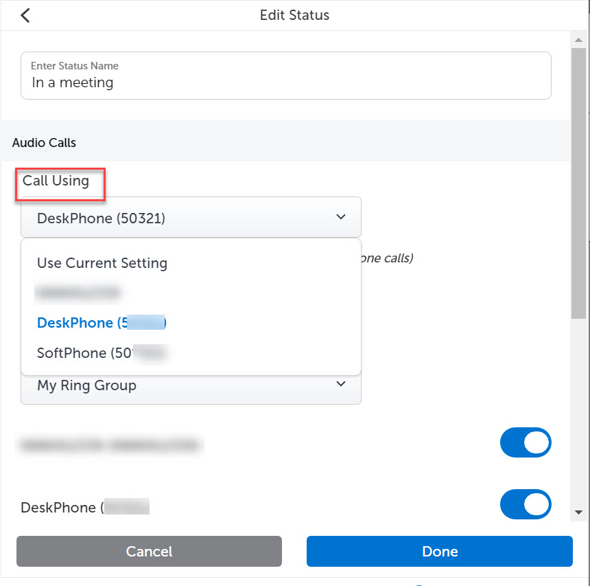Screenshot of Edit Status, highlighting Call Using option
