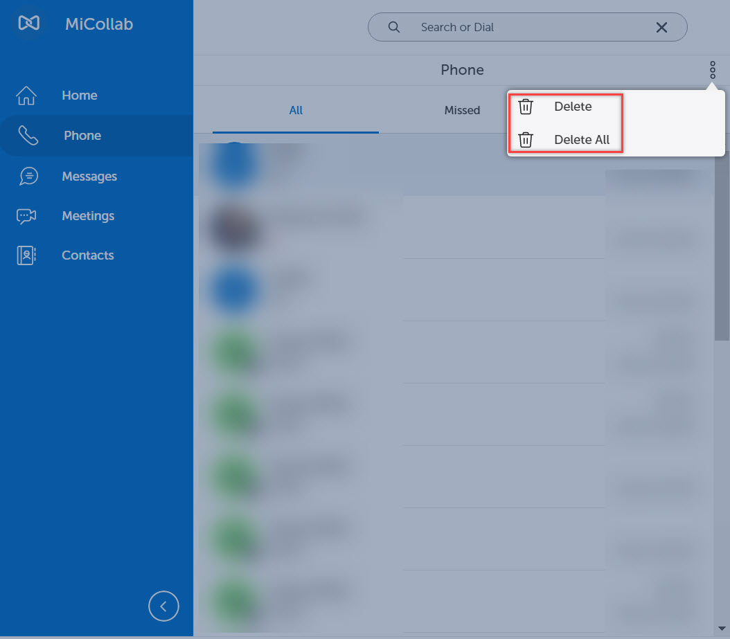 Screenshot of Phone menu screen, displaying Delete and Delete All options from More icon