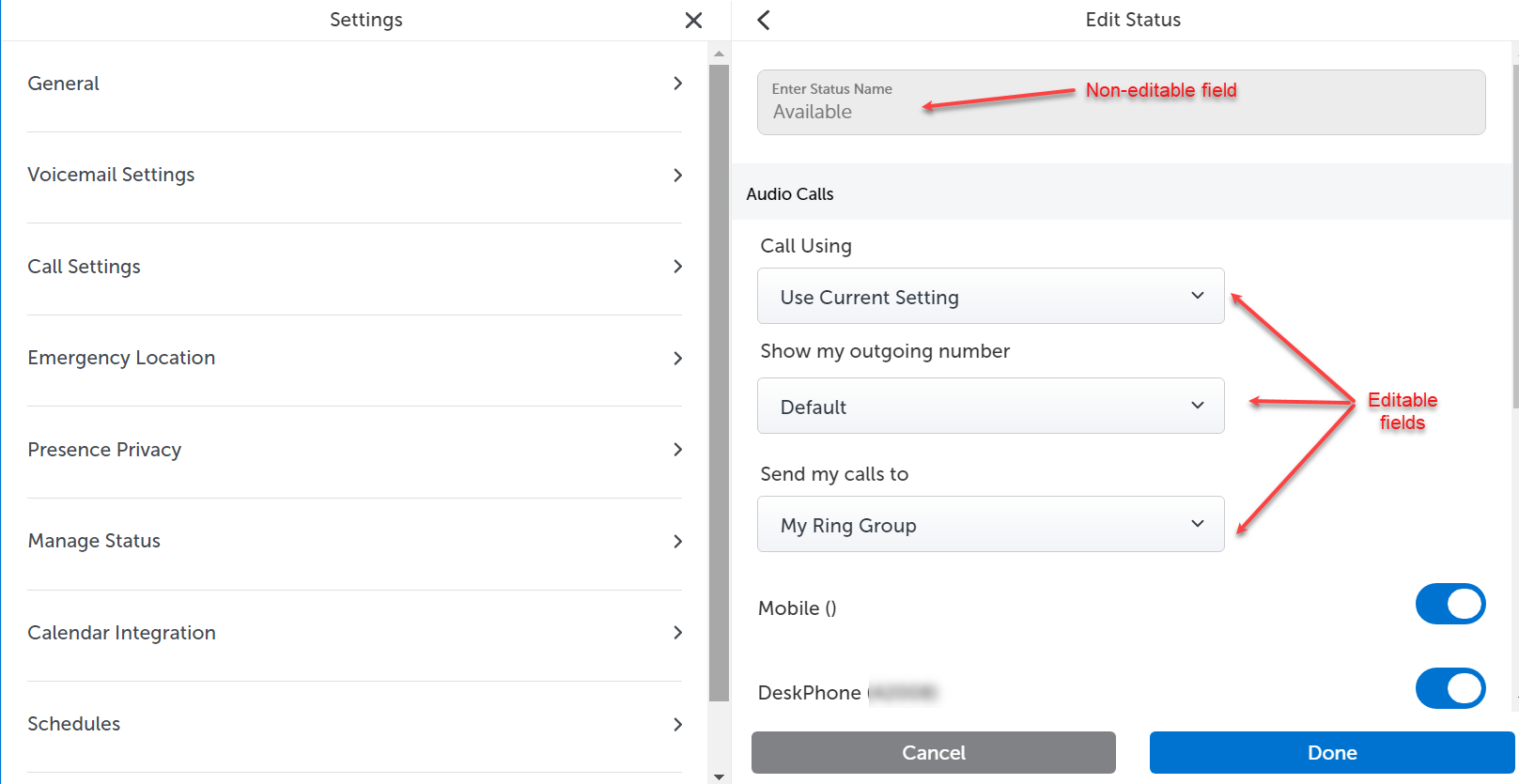 Screenshot of Manage Status page, highlighting the editable and uneditable fields