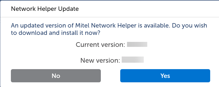 Screenshot of Network Helper Update with Current version and New version details