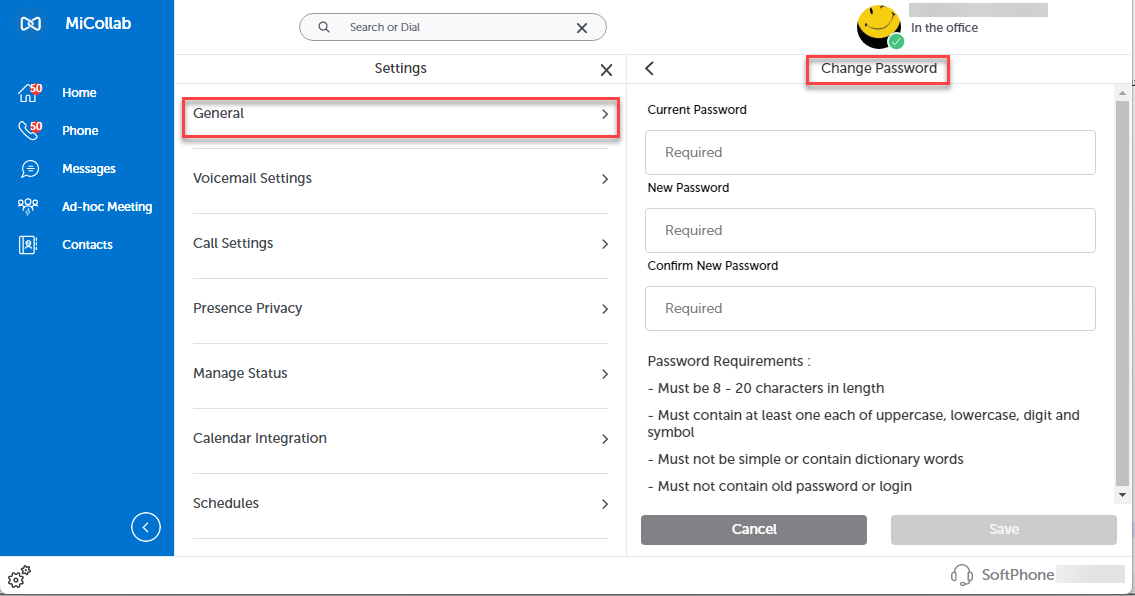 Screenshot of the MiCollab Client General Settings page, Change Password option allowing users to change their password