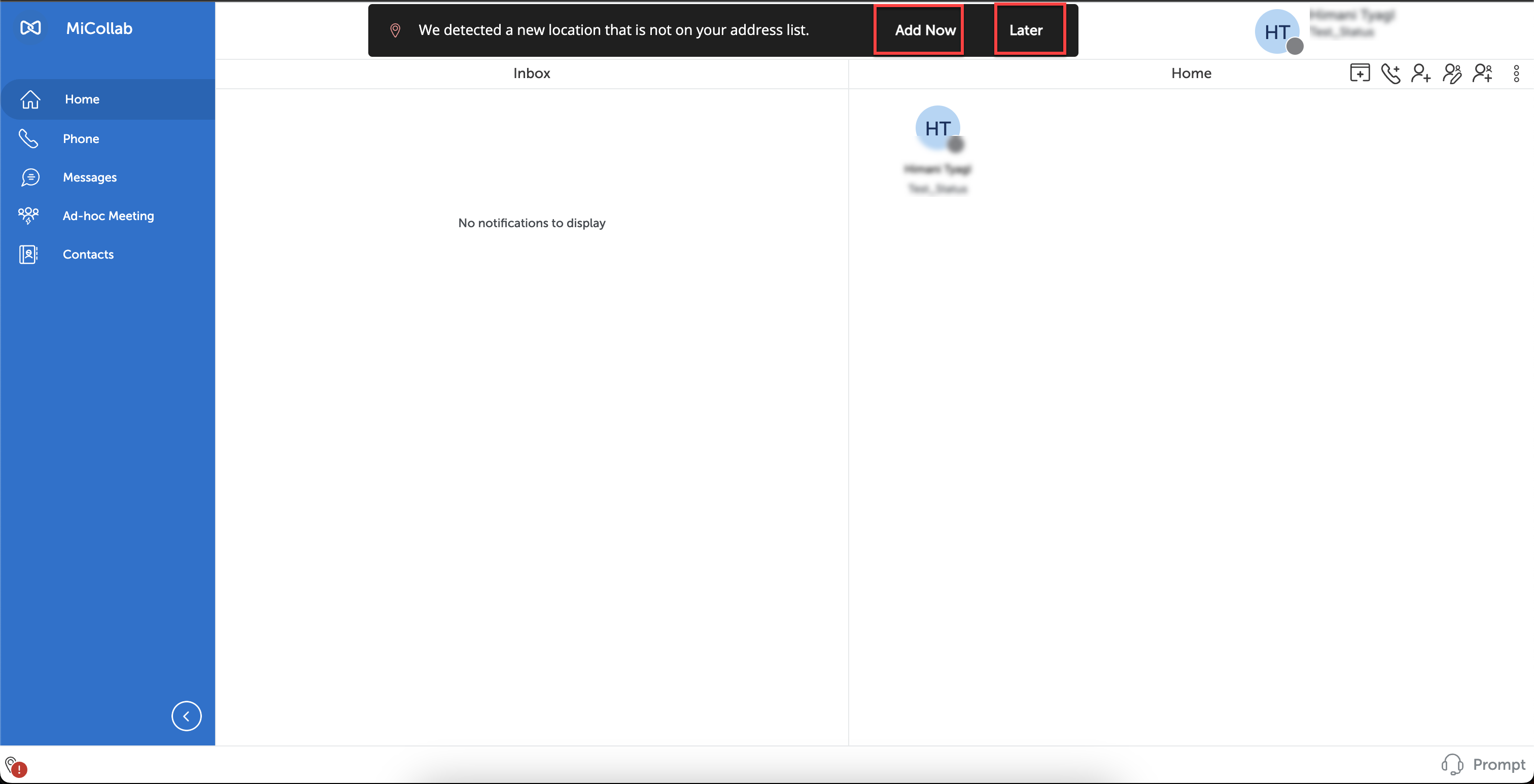 Screenshot of MiCollab Client with a pop-up notification when client is started or the network is changed